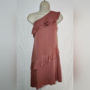 One Shoulder Tiered Ruffle Detail Asymmetrical Hemline Dusty Pink Mauve